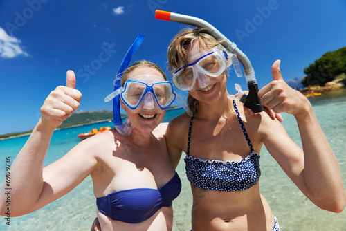 Happy vacation girls with snorkel masks