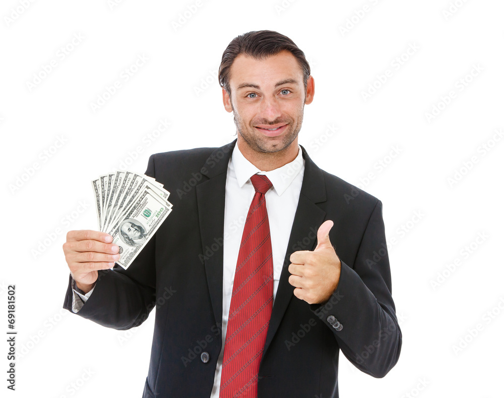 Smiling handsome businessman holding money Smiling handsome businessman holding money