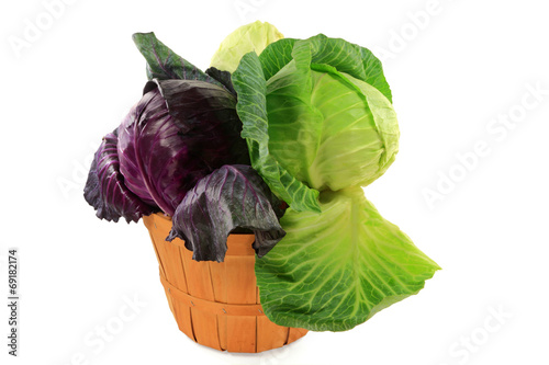 Heads red, green, and white flat cabbage in bushel