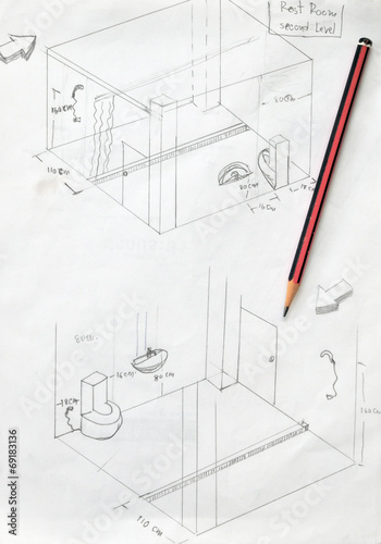 hand drawn of bathroom sketch and pencil