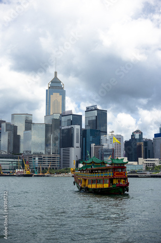 香港島のビル群と観光船