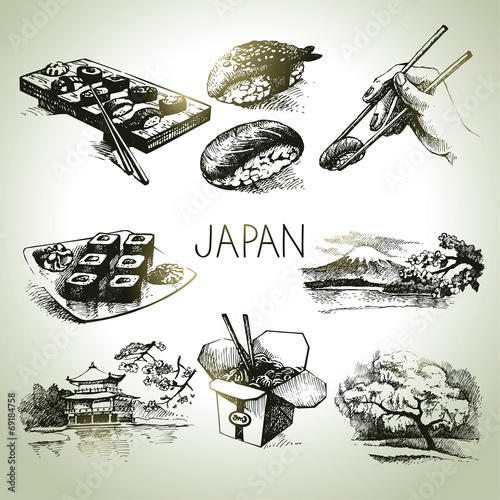 Hand drawn vintage Japanese set