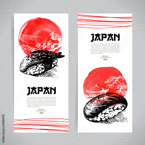 Set of Japanese sushi banners. Sketch illustrations for menu