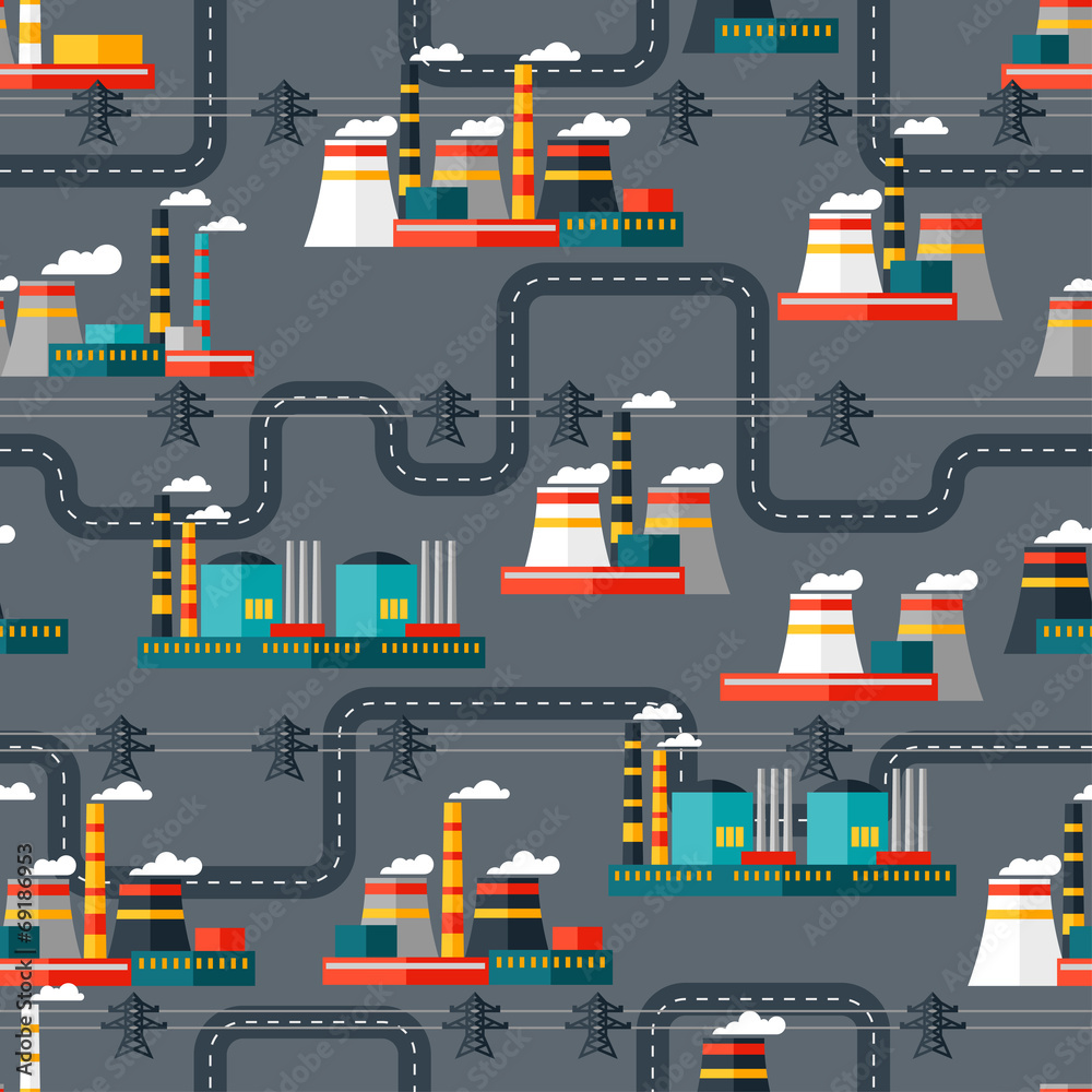 Seamless pattern of industrial power plants in flat style.