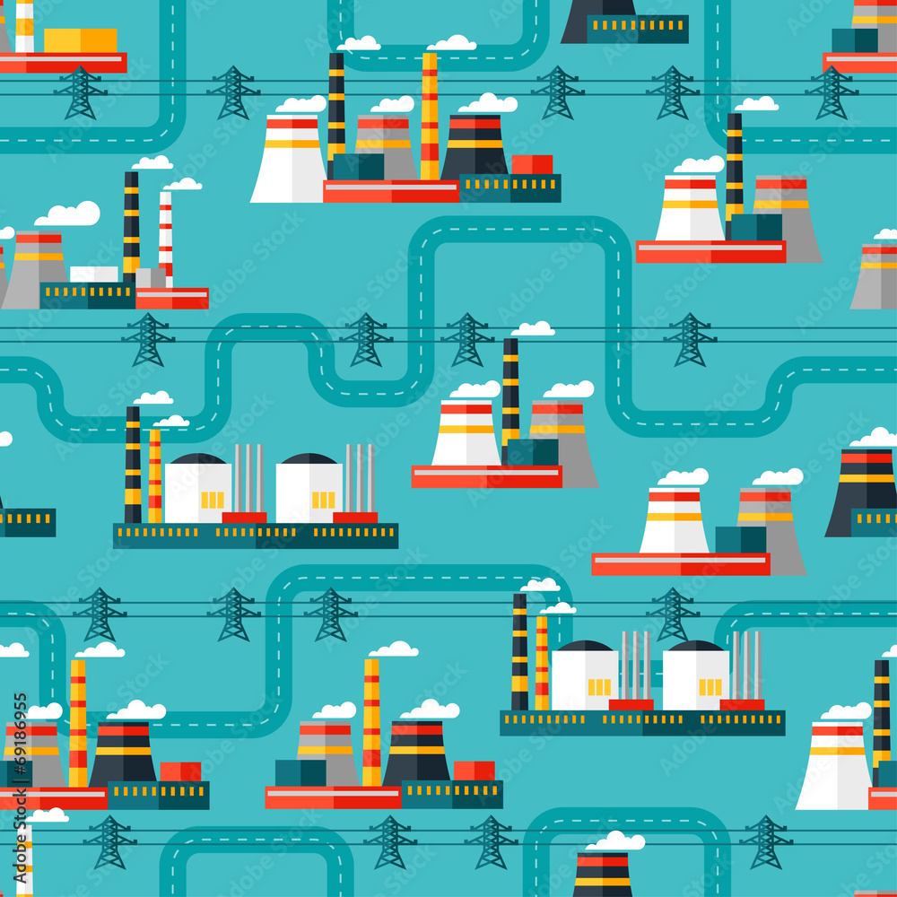 Naklejka premium Seamless pattern of industrial power plants in flat style.