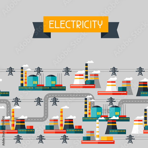 Industry background with industrial power plants in flat style.