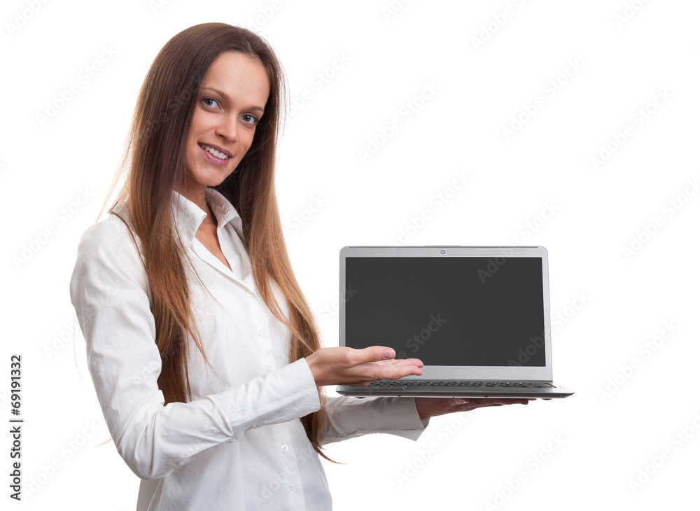 Businesswoman presenting somenhing on her laptop Businesswoman presenting somenhing on her laptop