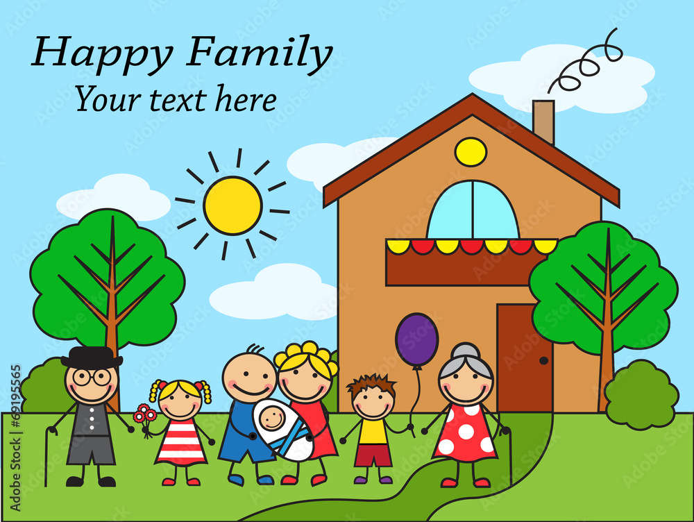 Cartoon big happy family near the house
