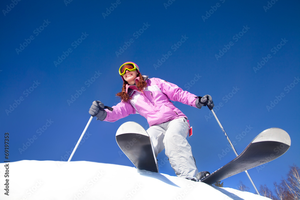 girl on mountain skiing - obrazy, fototapety, plakaty 