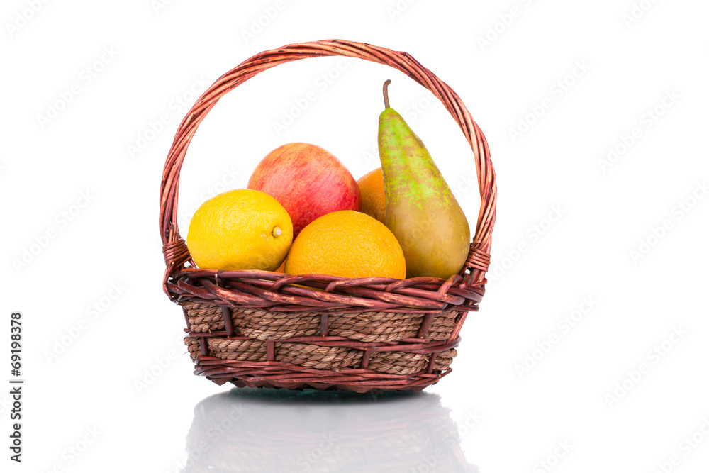 Wicker basket with fruits. Wicker basket with fruits.