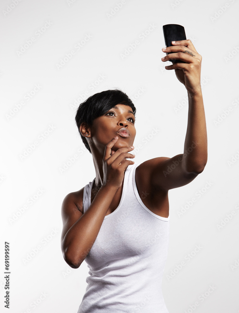 black woman making selfie black woman making selfie