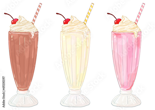 Fotografie, Obraz Milkshakes - chocolate, vanilla/banana and strawberry