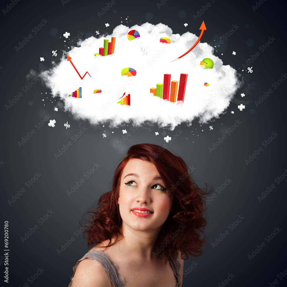 Young woman gesturing with cloud and charts concept Young woman gesturing with cloud and charts concept