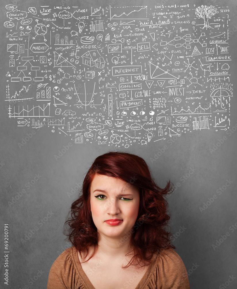 Young woman gesturing with sketched charts above her head Young woman gesturing with sketched charts above her head