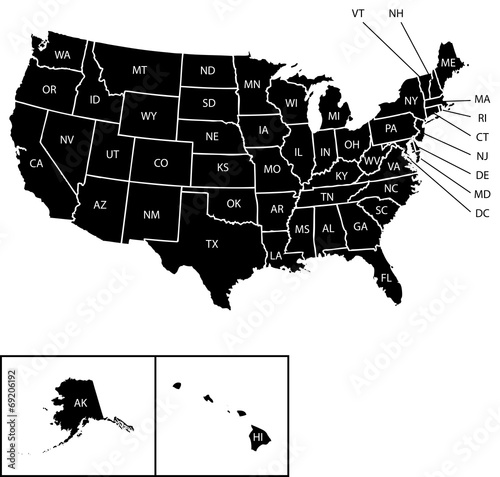 Illustration of Map of the USA with name of each states