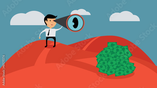Successful businessman looking for money, flat design vector