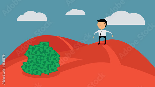 Successful businessman looking for money, flat design vector