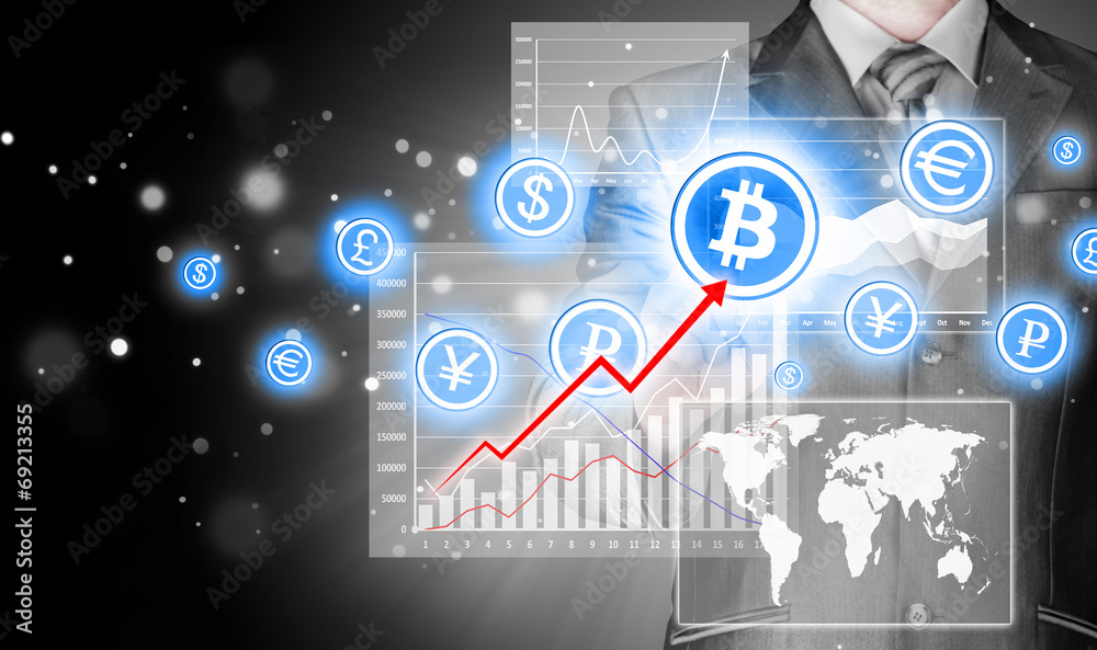 Choosing bitcoins, businessman pressing touch screen button. Choosing bitcoins, businessman pressing touch screen button.