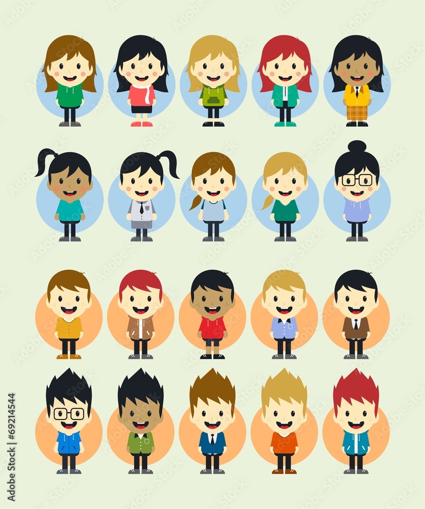 boy and girl cartoon character set boy and girl cartoon character set