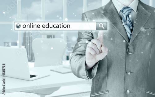 Online education written in search bar on virtual screen.