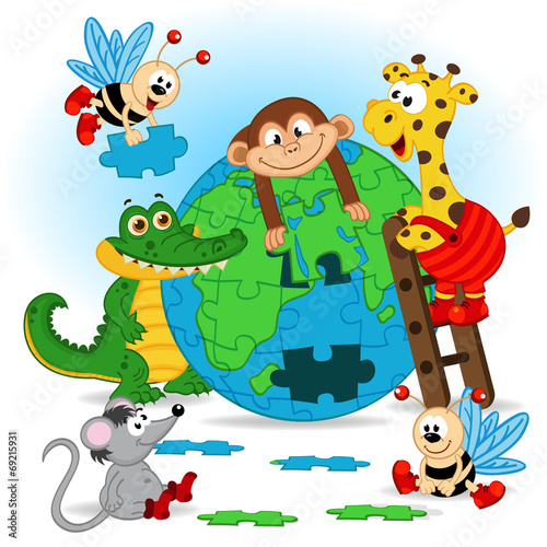 animals puzzle earth - vector illustration, eps