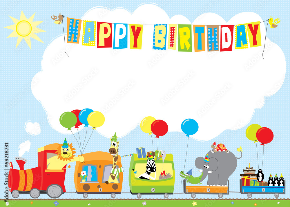 happy birthday card with animals train- vectors