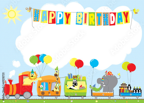 Obraz na płótnie happy birthday card with animals train- vectors w salonie