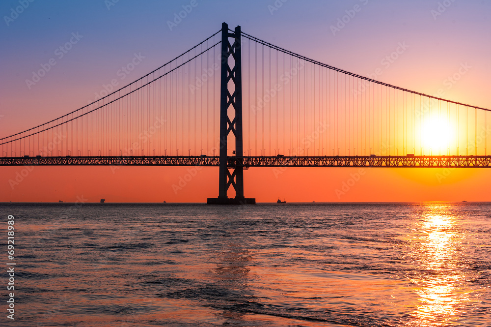 sunset with Akashi Kaikyo bridge on twilight sky sunset with Akashi Kaikyo bridge on twilight sky