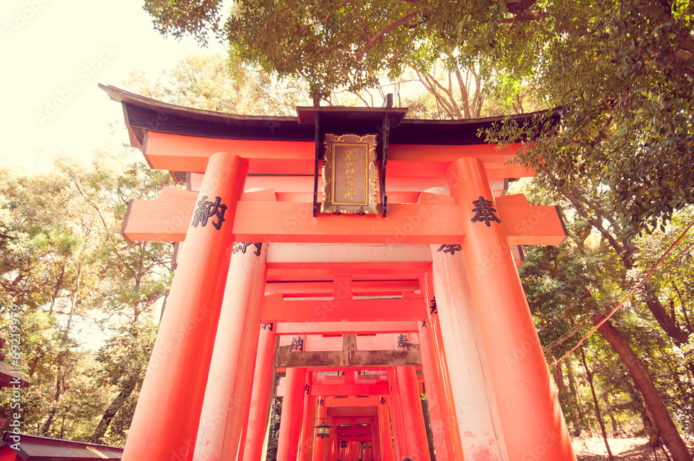 Red door named Torii in Fushimi Inari shrine, Kyoto, Japan in vi Red door named Torii in Fushimi Inari shrine, Kyoto, Japan in vi