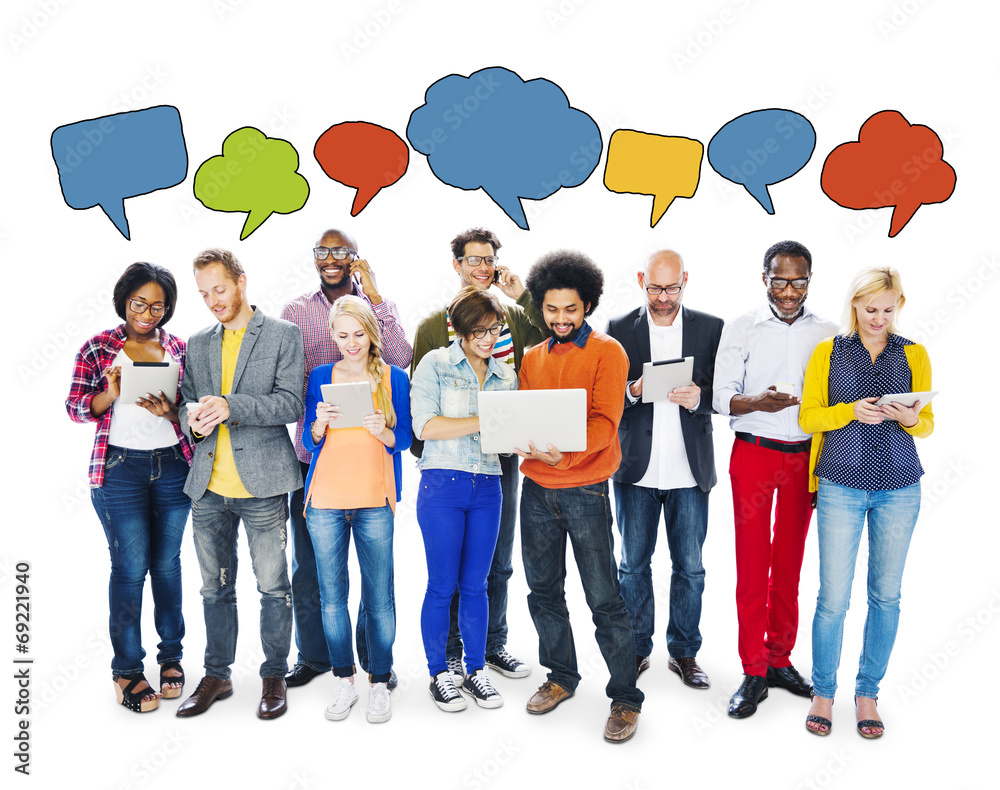 Naklejka premium People Using Technology Devices and Speech Bubbles