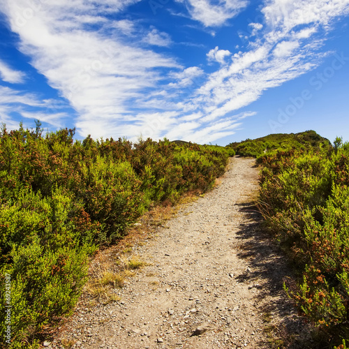 Mountain trail and blue sky with clouds in Los Ancares, Leon.