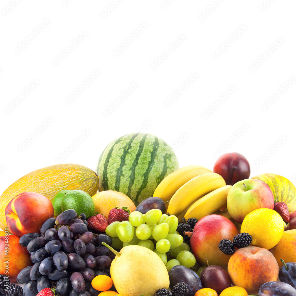Border of mixed fruits isolated on white with copy space Border of mixed fruits isolated on white with copy space