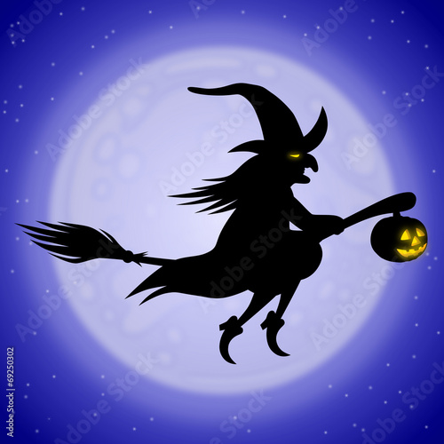 Halloween: Fliegende Hexe auf Besenstil vor Mond, Vektor