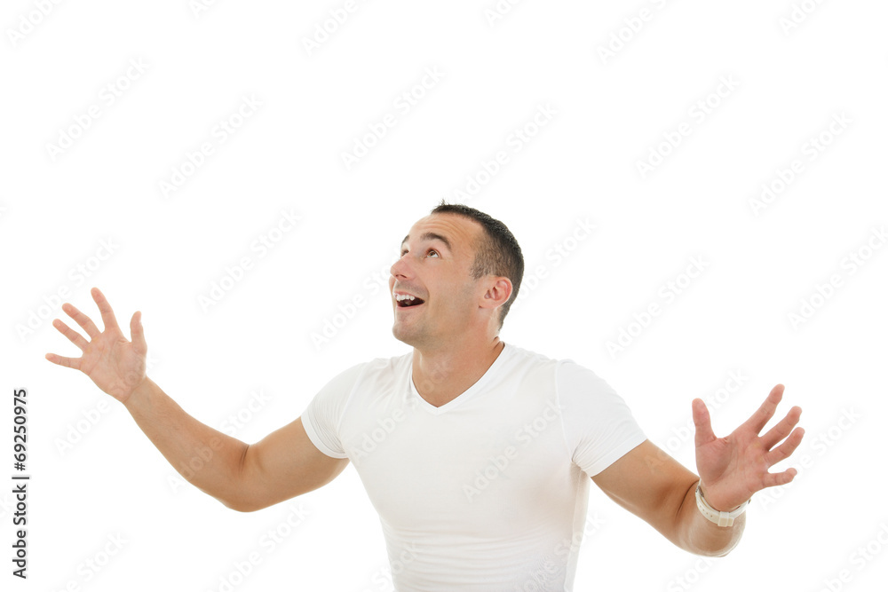 man looking up in copy space with a slightly raised his hands as man looking up in copy space with a slightly raised his hands as