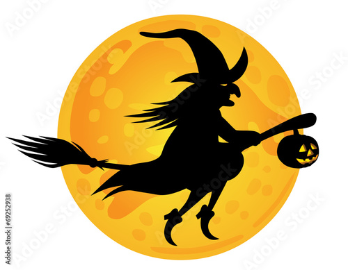 Halloween: Hexe auf Besenstil vor Mond, Vektor/freigestellt