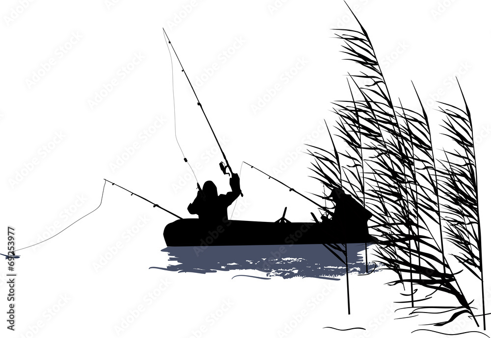 fishermen and boat silhouette in rush isolated on white - obrazy, fototapety, plakaty 