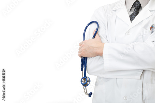 Doctor with a stethoscope and hands crossed in front of him