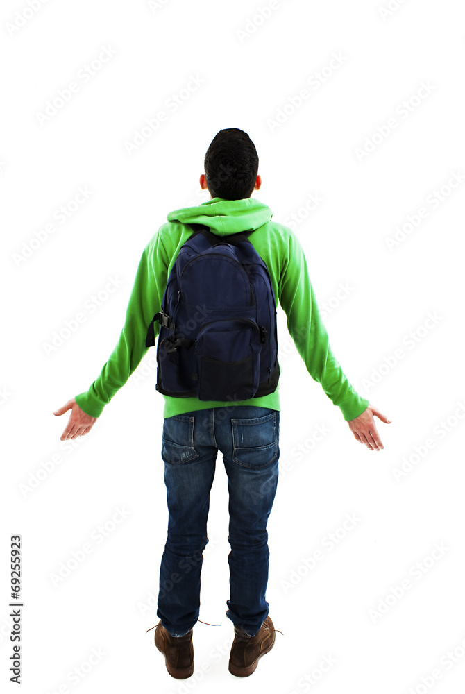 Confused student from the back on white background Confused student from the back on white background
