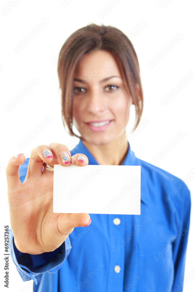 smiling business woman in blue shirt showing blank business card smiling business woman in blue shirt showing blank business card