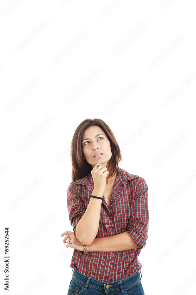 Thoughtful woman looking up and having an idea Thoughtful woman looking up and having an idea
