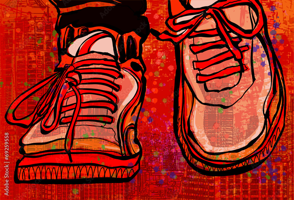 Fototapeta premium Basketball shoes over a grunge city background