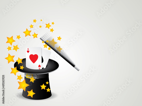 magic wand and cylinder with poker cards hat illustration