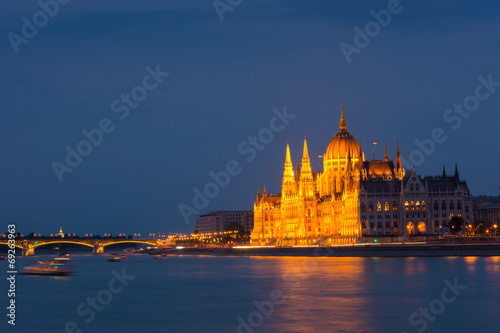 Parliament building Budapest at twilight over the river Danube