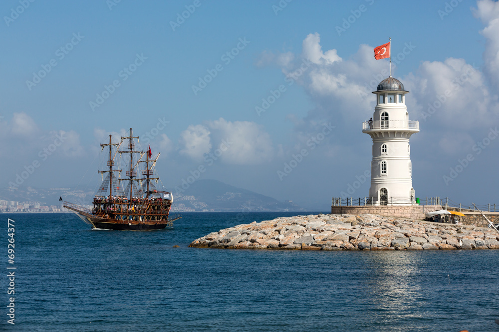 Tourists enjoying sea journey on vintage sailships  in Alanya