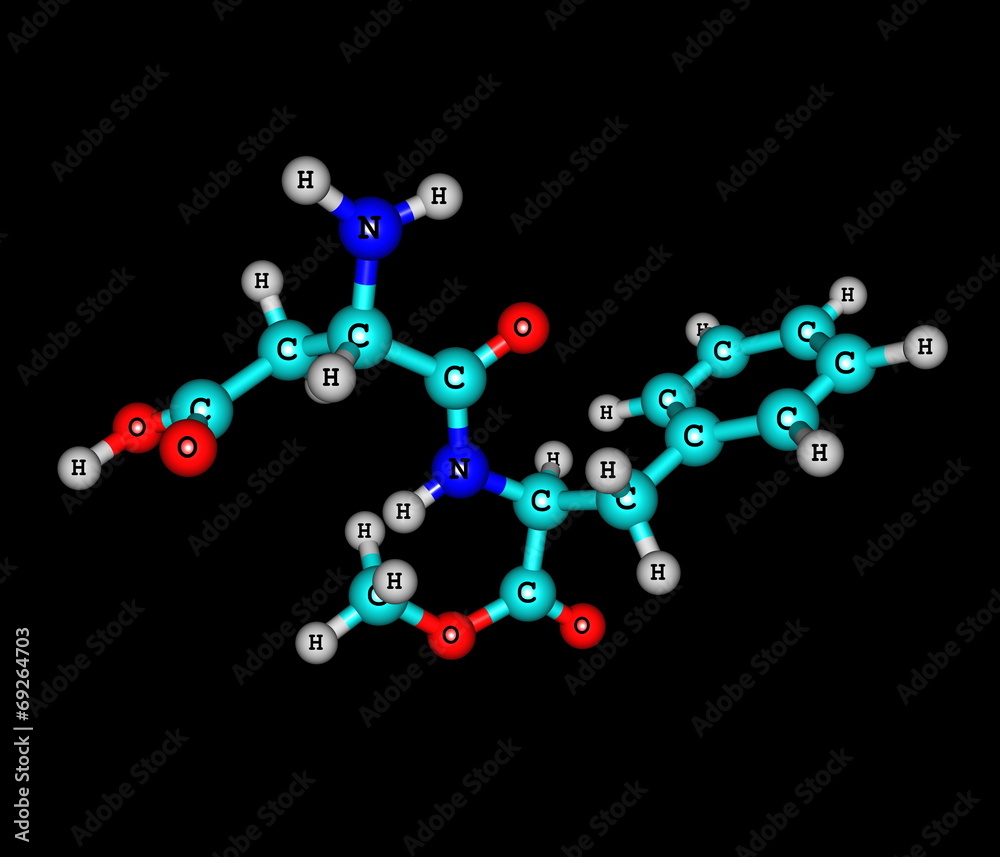 Aspartame molecule isolated on black