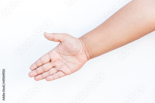 Empty open child hand on white background
