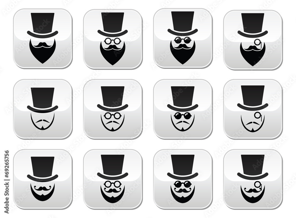 Man with hat with beard and glasses buttons set