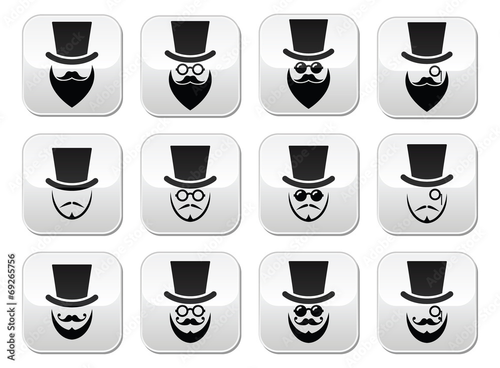 Man with hat with beard and glasses buttons set Man with hat with beard and glasses buttons set