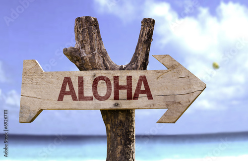 Aloha wooden sign with a beach on background