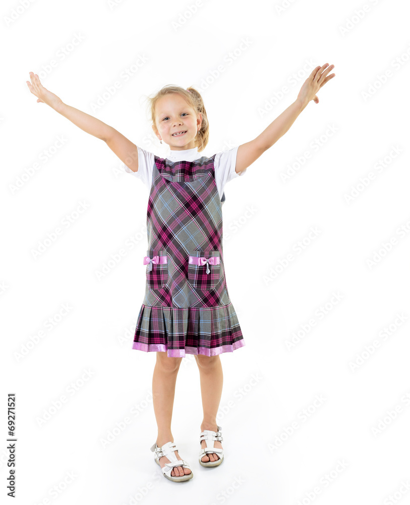 happy excited little girl dancing on white background happy excited little girl dancing on white background